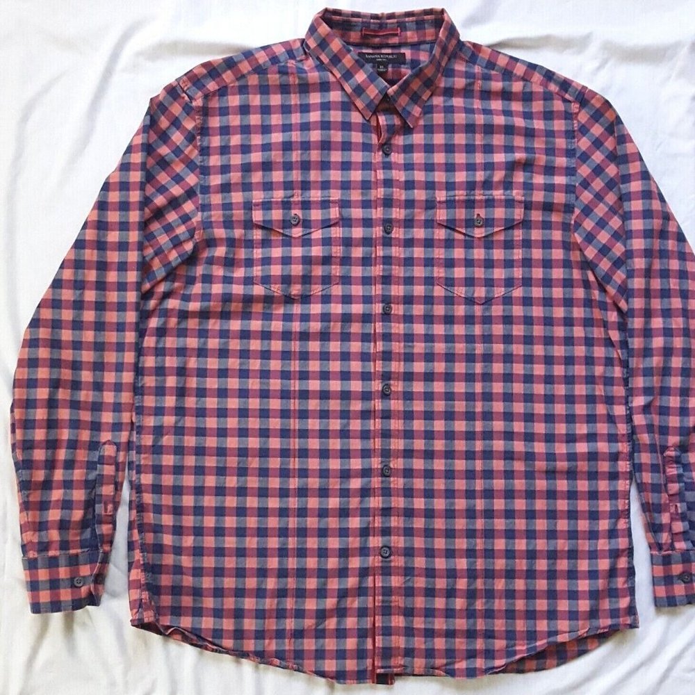 Men's Banana Republic Slim Fit Stretch Button Up Shirt Size XL Red Check Cotton